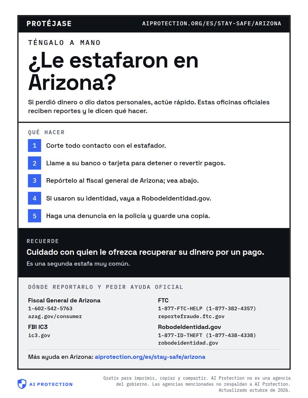 Vista previa del cartel “Dónde reportar una estafa en Arizona”