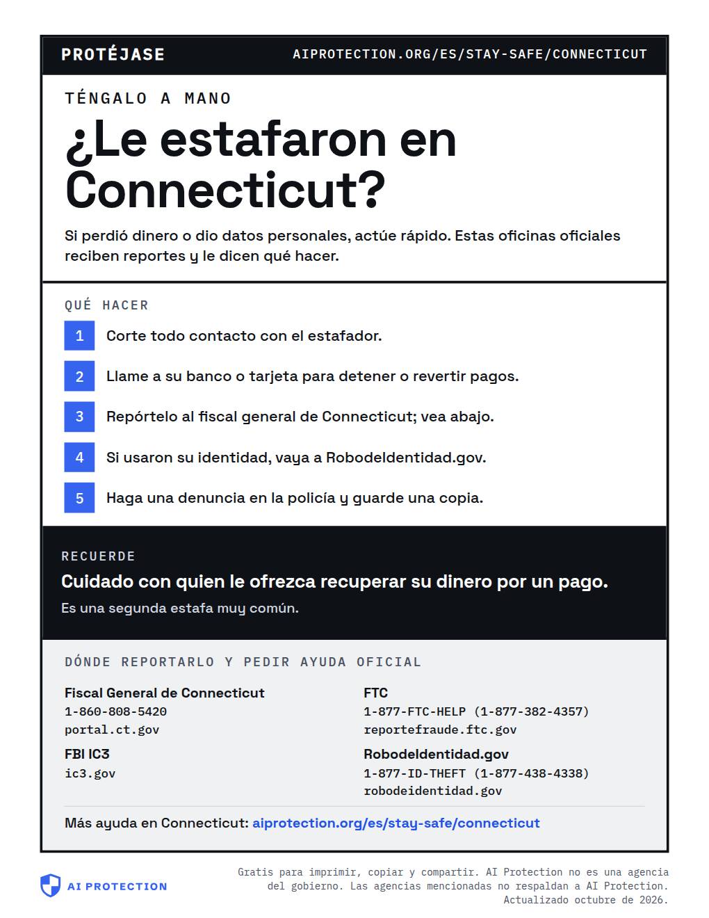 Vista previa del cartel “Dónde reportar una estafa en Connecticut”