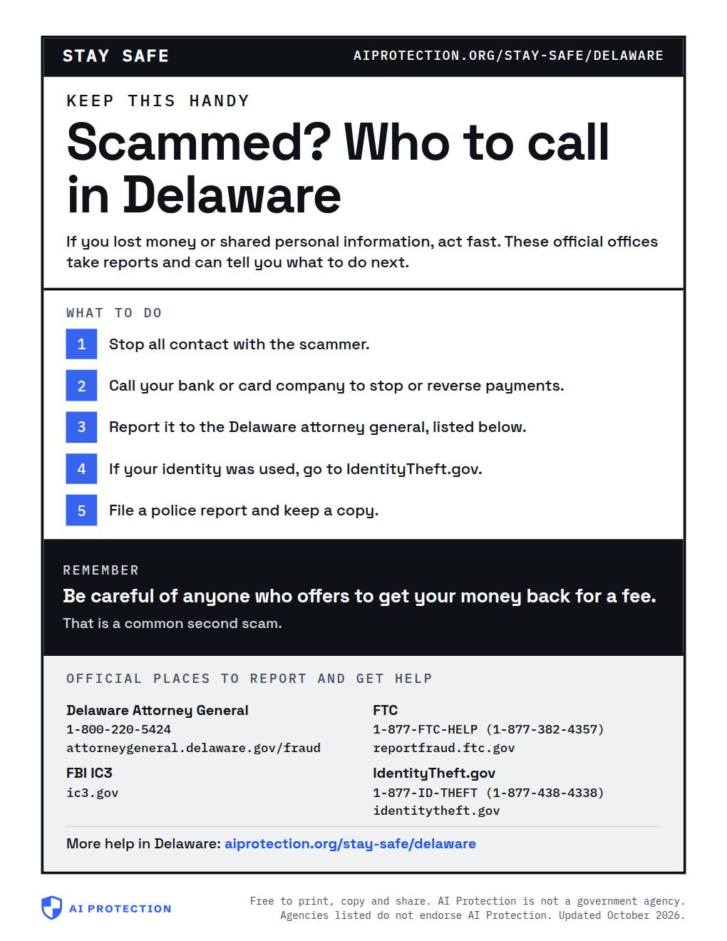 Preview of the “Where to report a scam in Delaware” poster