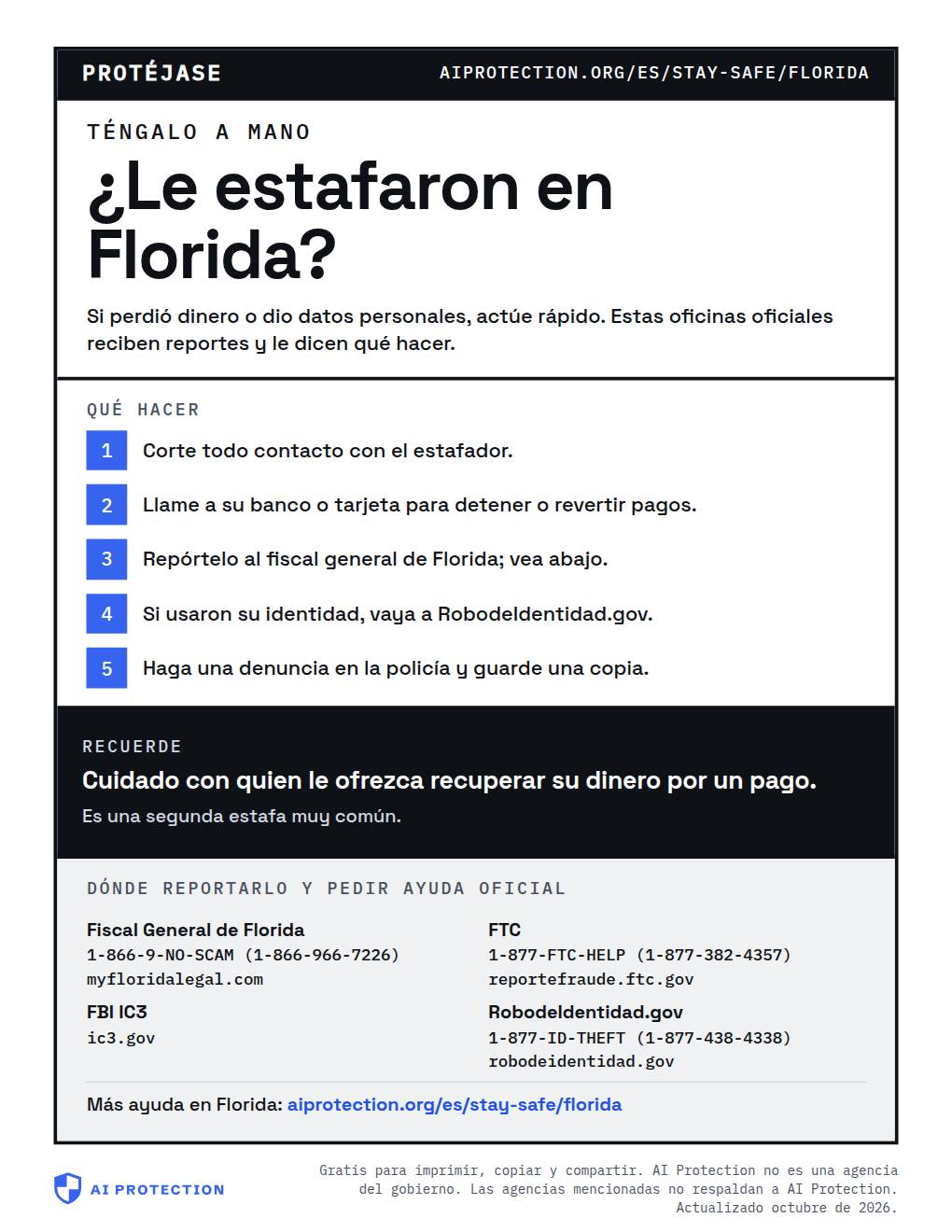 Vista previa del cartel “Dónde reportar una estafa en Florida”