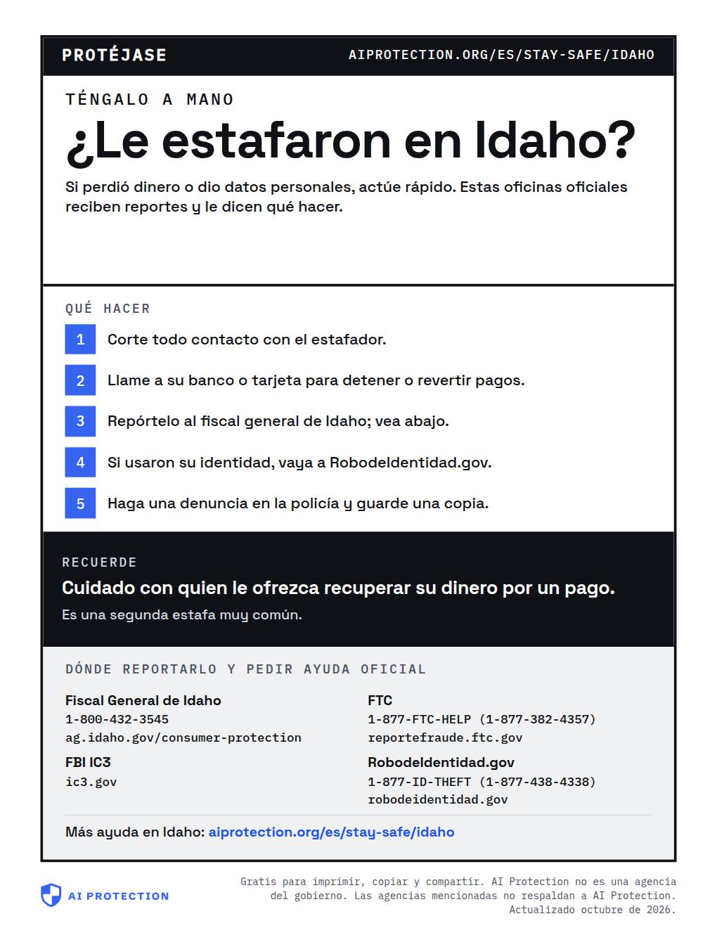 Vista previa del cartel “Dónde reportar una estafa en Idaho”