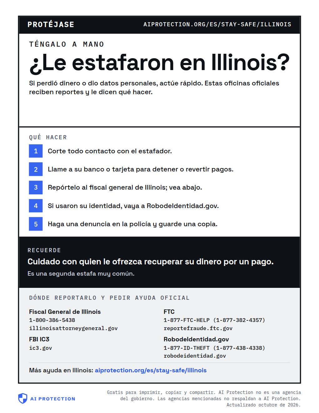 Vista previa del cartel “Dónde reportar una estafa en Illinois”