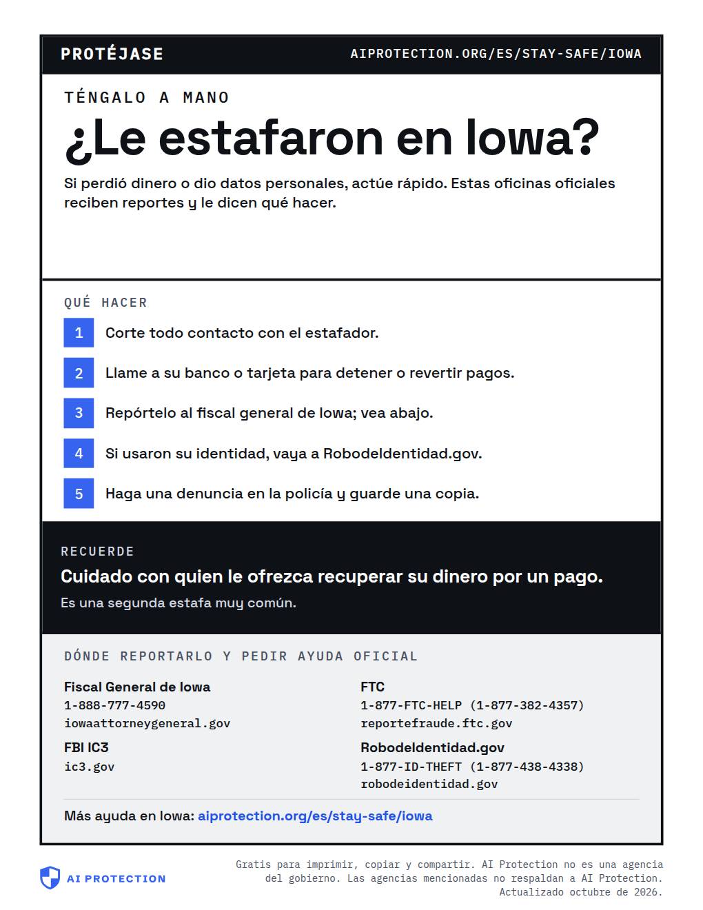 Vista previa del cartel “Dónde reportar una estafa en Iowa”