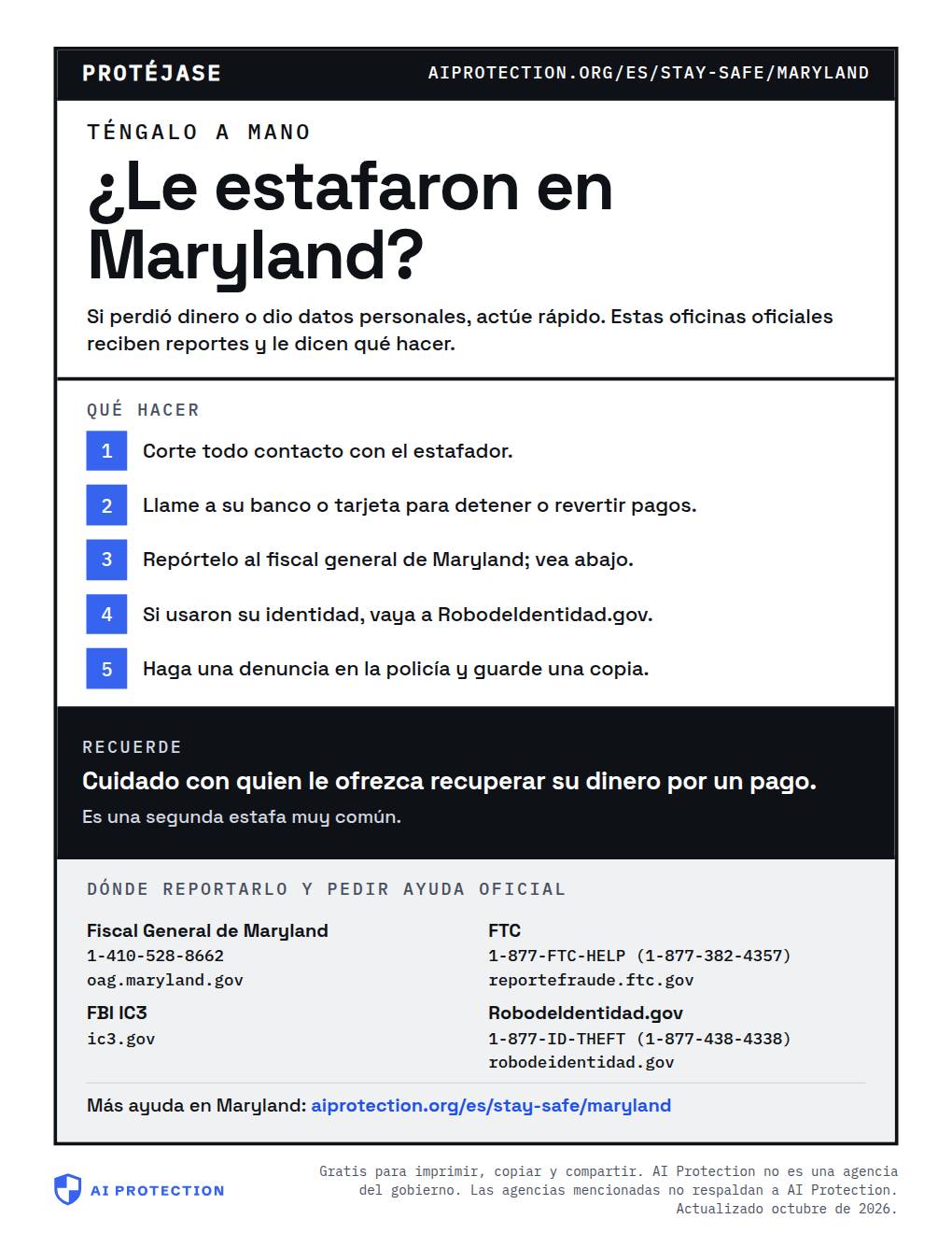 Vista previa del cartel “Dónde reportar una estafa en Maryland”
