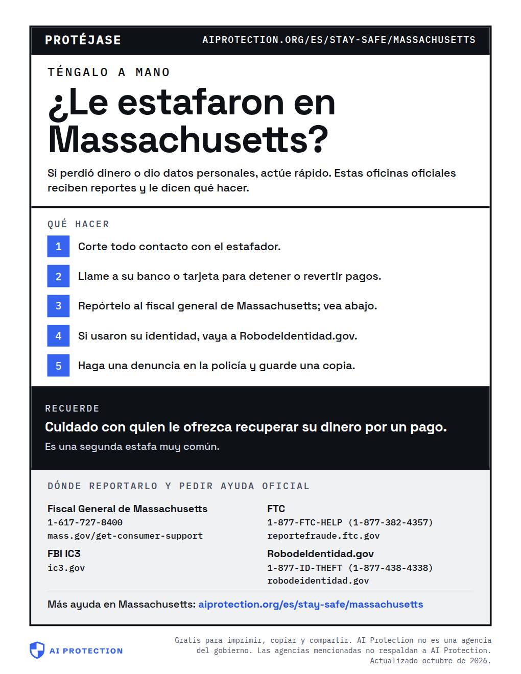 Vista previa del cartel “Dónde reportar una estafa en Massachusetts”
