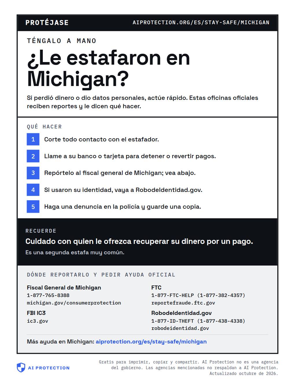 Vista previa del cartel “Dónde reportar una estafa en Michigan”