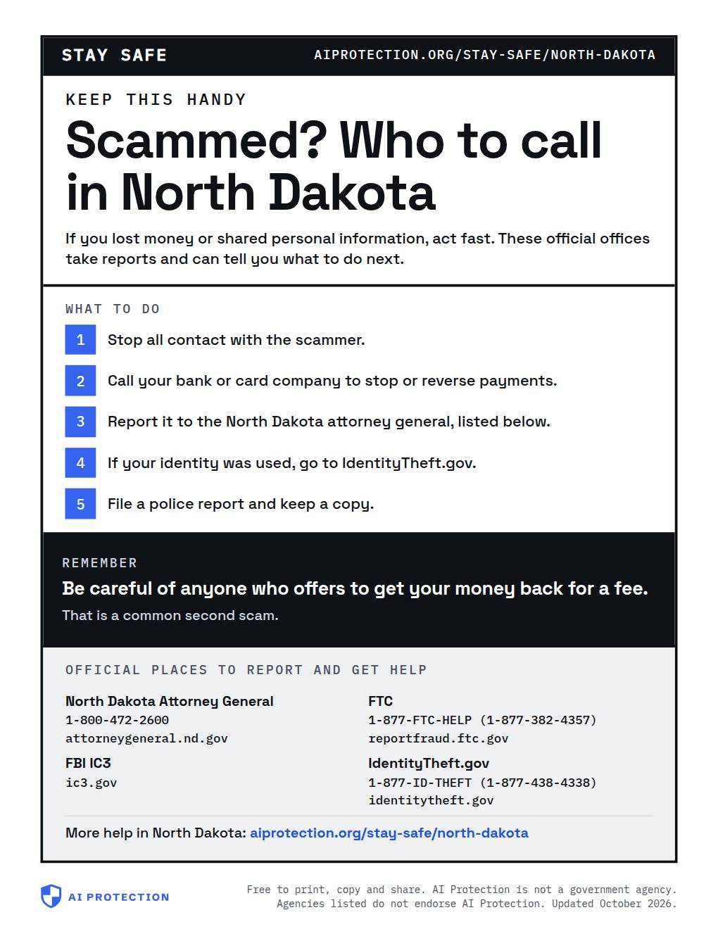 Preview of the “Where to report a scam in North Dakota” poster