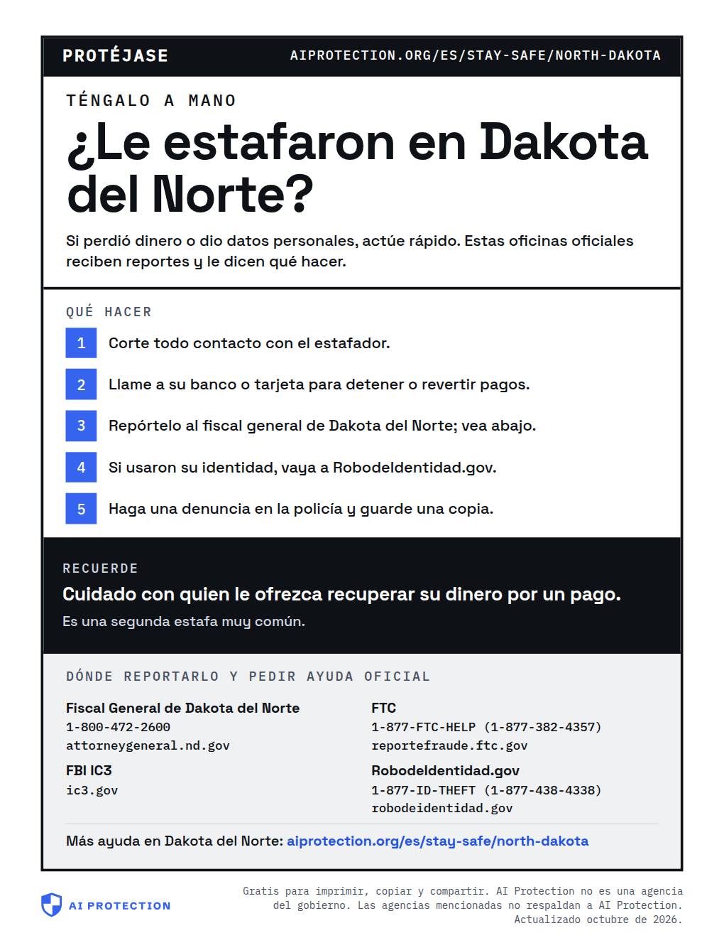 Vista previa del cartel “Dónde reportar una estafa en Dakota del Norte”