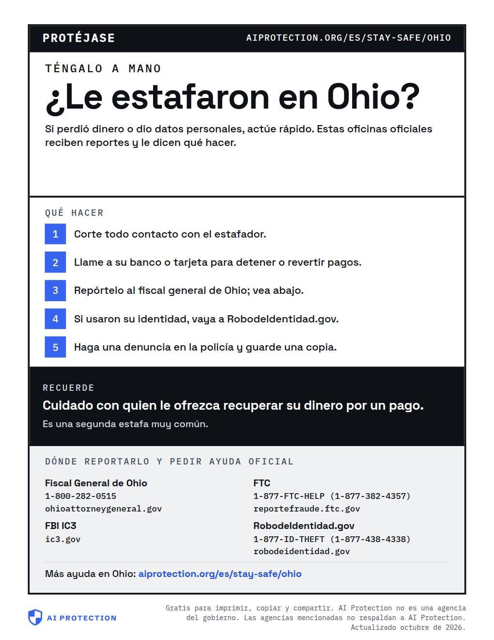 Vista previa del cartel “Dónde reportar una estafa en Ohio”