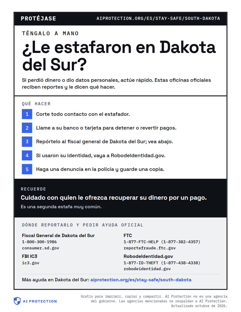 Vista previa del cartel “Dónde reportar una estafa en Dakota del Sur”
