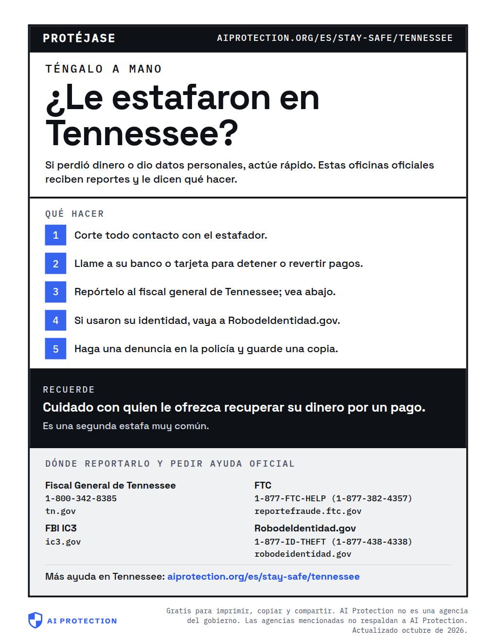Vista previa del cartel “Dónde reportar una estafa en Tennessee”