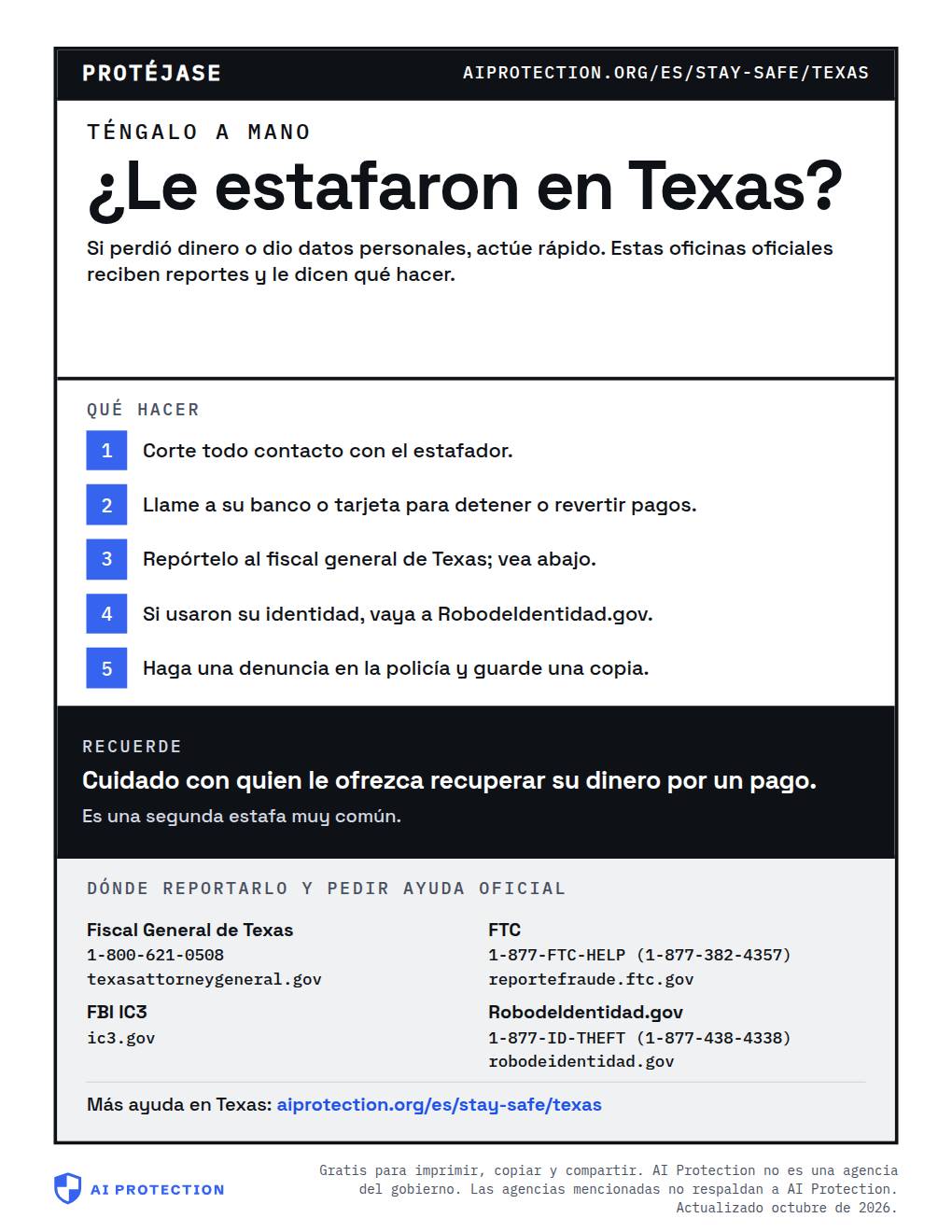 Vista previa del cartel “Dónde reportar una estafa en Texas”
