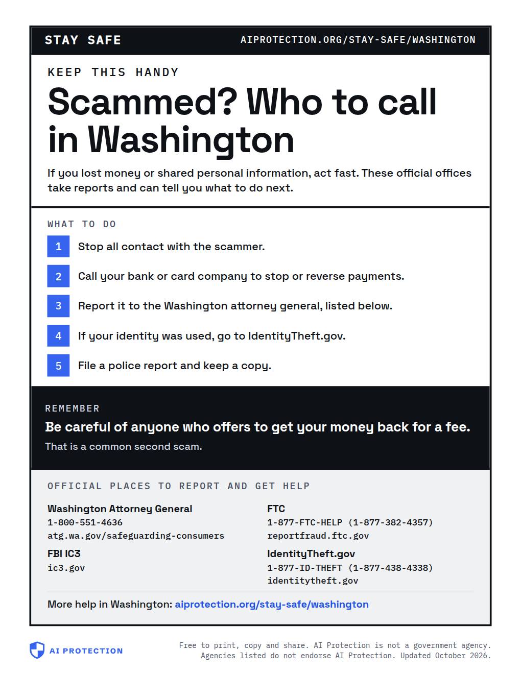 Preview of the “Where to report a scam in Washington” poster