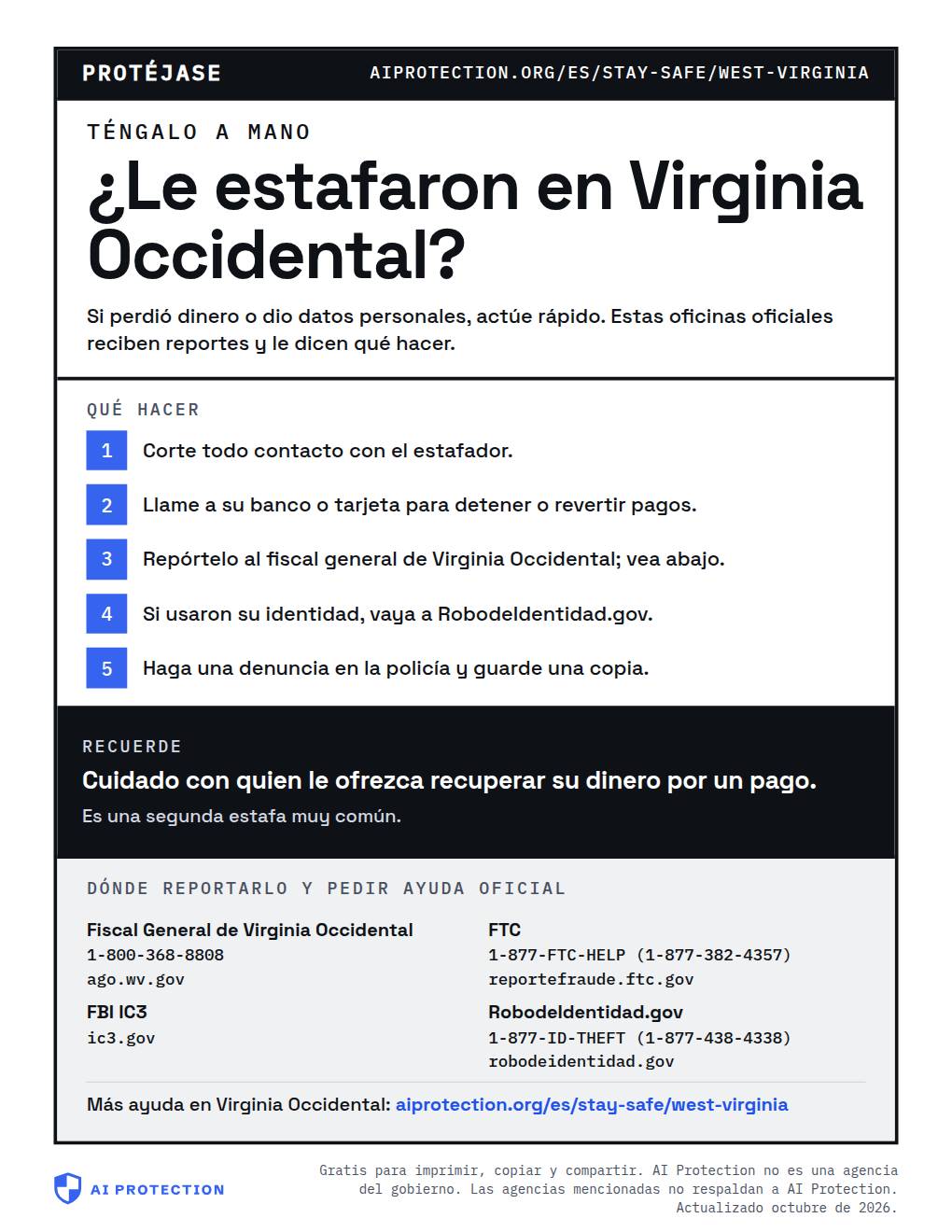 Vista previa del cartel “Dónde reportar una estafa en Virginia Occidental”