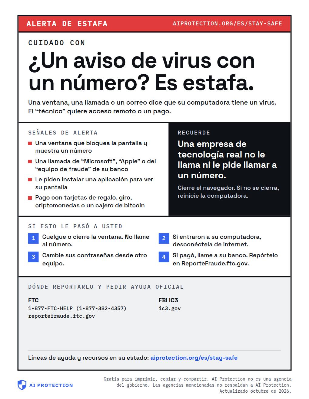 Vista previa del cartel “Estafa de soporte técnico”